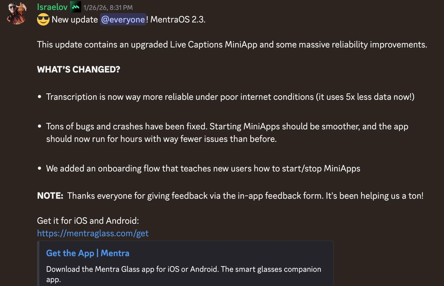 Cập nhật MentraOS trên Discord